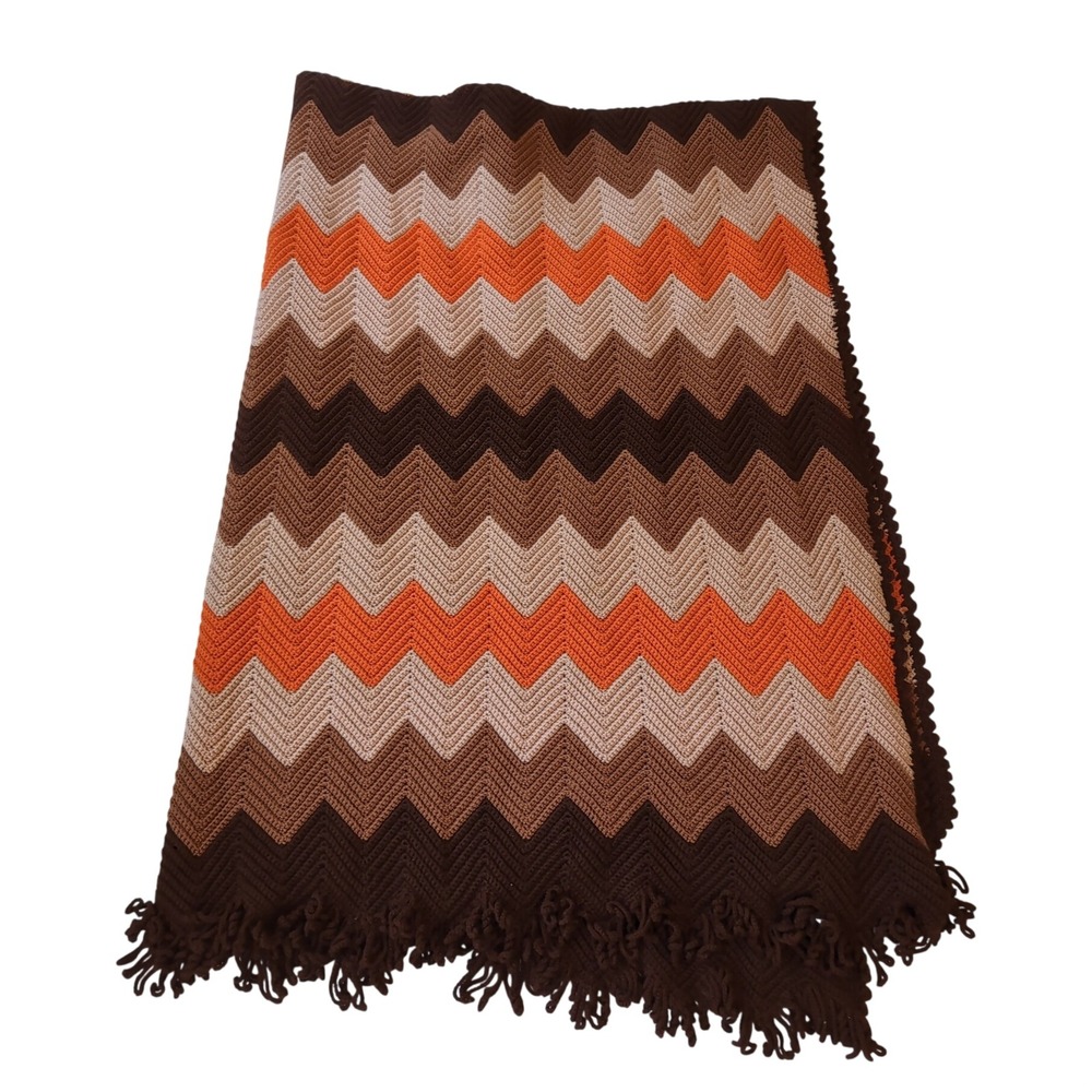 70s Handmade Crochet Afghan Twin XL 66x96 Chevron Brown Orange Ripple Blanket